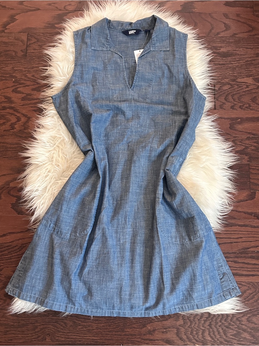 Lands' End chambray sleeveless shift dress with a V-neckline